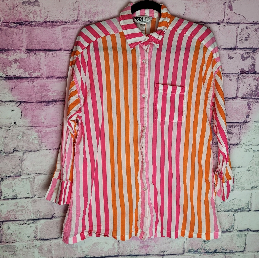 BEACH RIOT ALEXA BUTTON FRONT TOP COVER UP SUNSET STRIPES SHIRT S/M